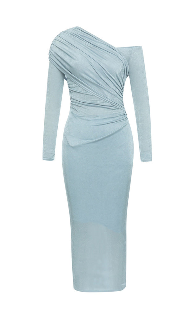 BLUE ONE-SHOULDER PLEATED BANDAGE MIDI DRESS