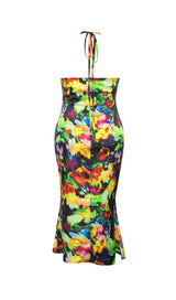 LARGE SIZE PRINT-FLORAL HALTERNECK SLIM BACKLESS MAXI DRESS