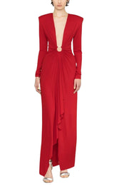 RED PLUNGE-NECK DRAPED GOWN