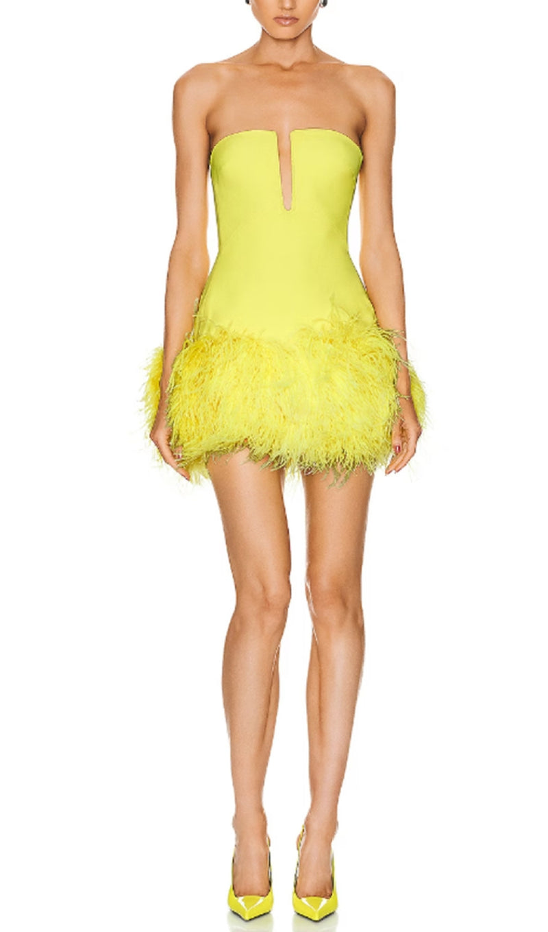 YELLOW NEON FEATHERS MINI DRESS styleofcb