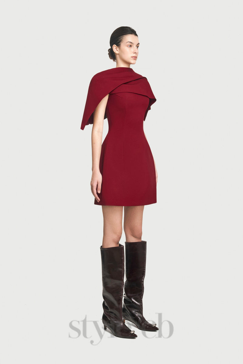 A-line burgundy mini dress with asymmetrical shoulder pleat