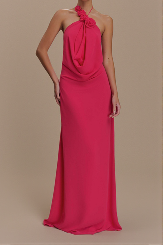 Floral halterneck high collar maxi dress in Rose Pink