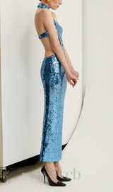 SHARON SEQUIN HALTER MAXI DRESS IN CERULEAN BLUE