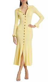 Rib-Knit Fluted Midi Shirt dress in yellow