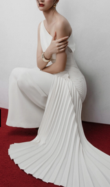 Ivory cream ruched draped Asymmetric maxi dress