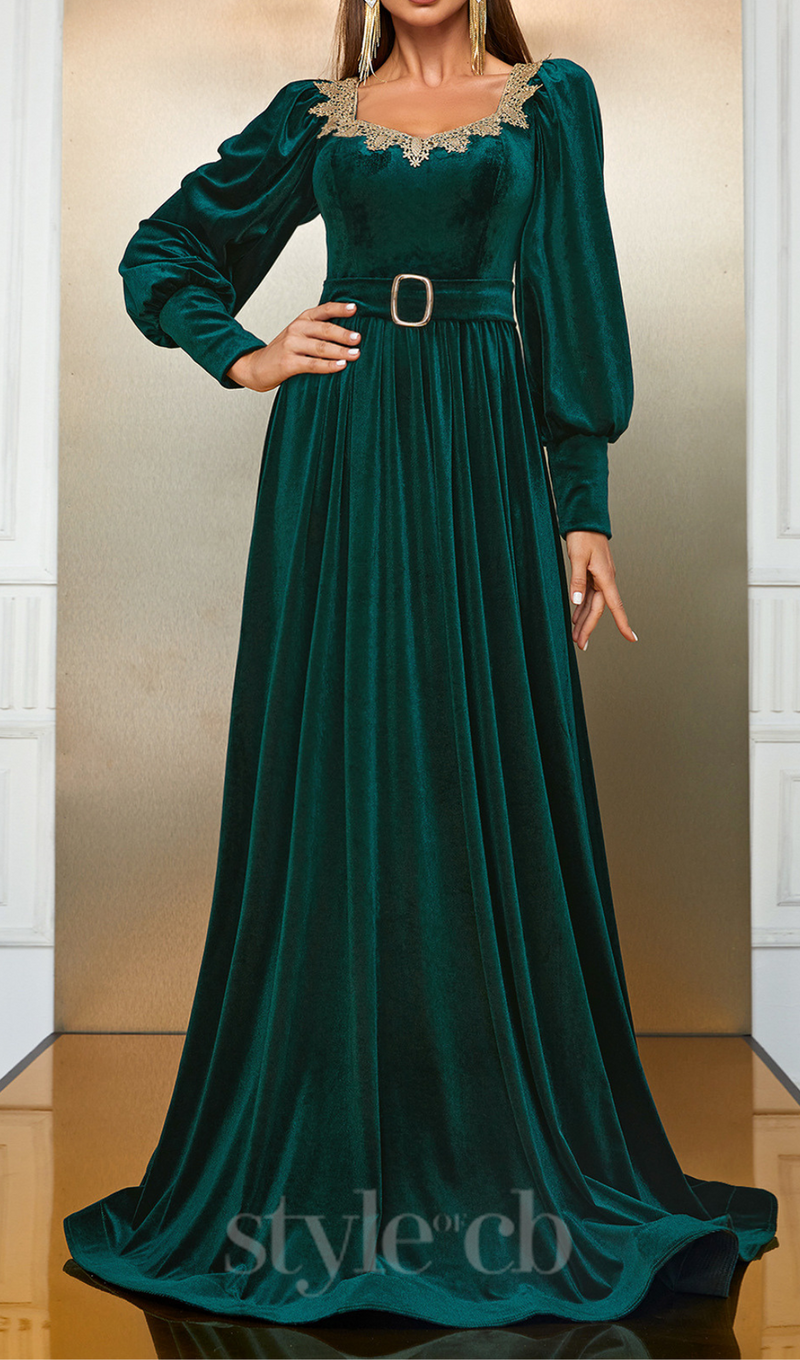 ATHENA VELVET LANTERN SLEEVE MAXI DRESS IN DARK GREEN