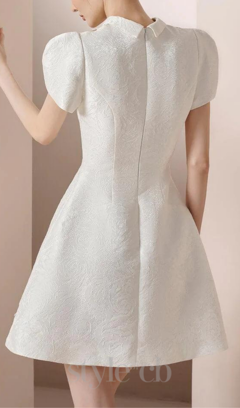 EARTHA WHITE PUFFY HOLLOW BROCADE MINI DRESS