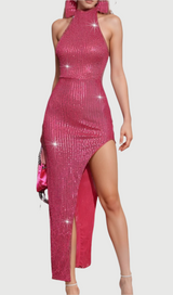 Backless Back Bow Sequin Maxi Dress In Hot Pink