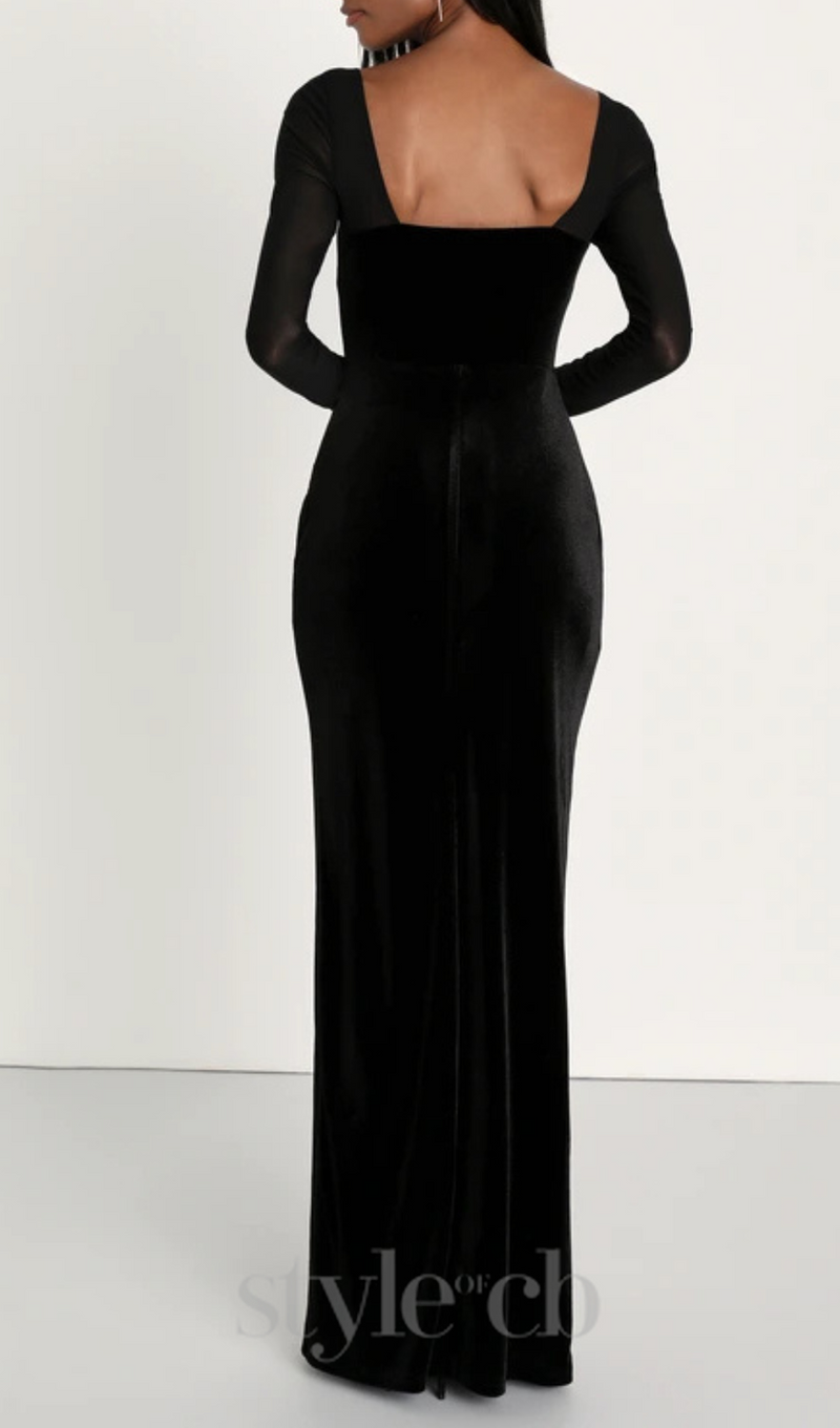 certifiably black velvet mesh long sleeve maxi dress