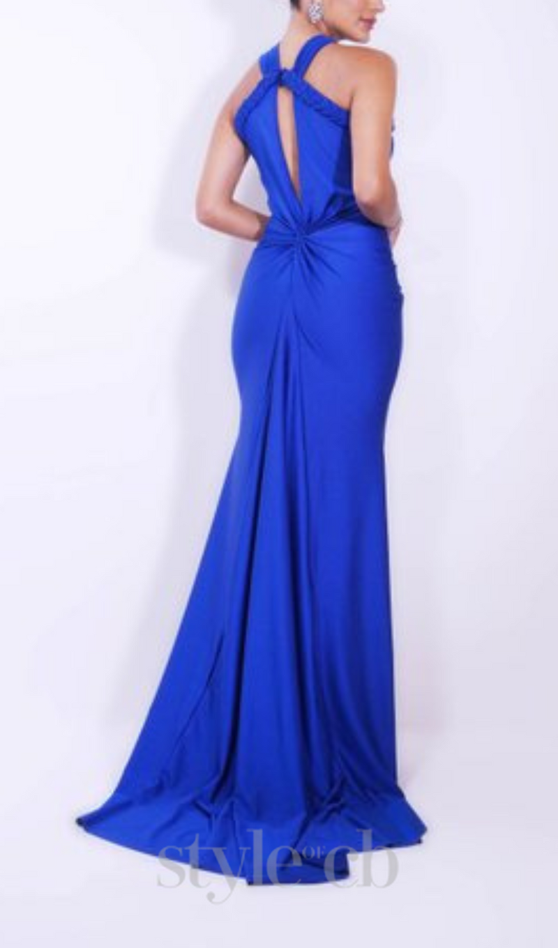 BEVERLY BRAID EMBELLISHED RUCHED HALTER GOWN IN BLUE