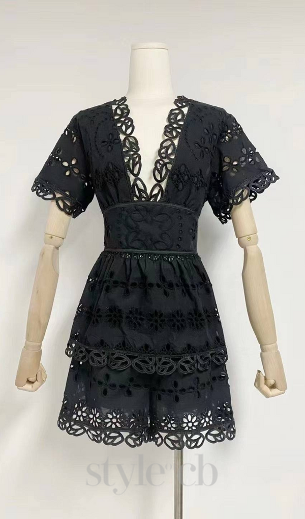 MAGGIE BLACK LAYERED CUT OUT LACE TOP SHORTS SUIT