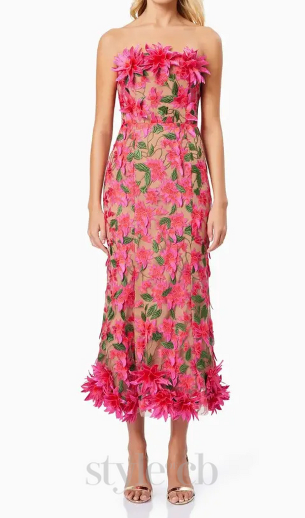 3D flower embroidery strapless midi dress in rose red