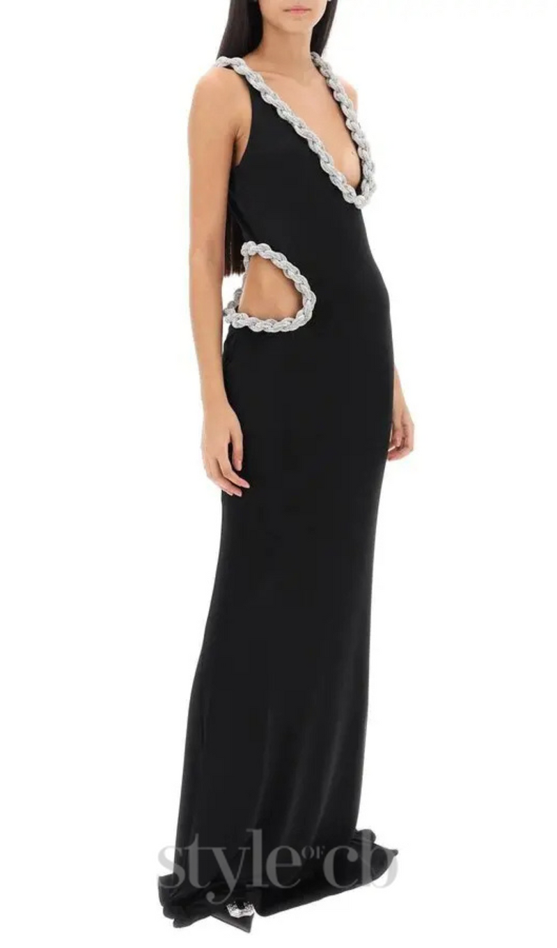 Crystal Braided Rope Cut-Out Maxi Dress in black