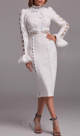 hollow Lace Midi Dress in White