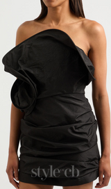 Strapless Ruffled Taffeta Mini Dress in Black