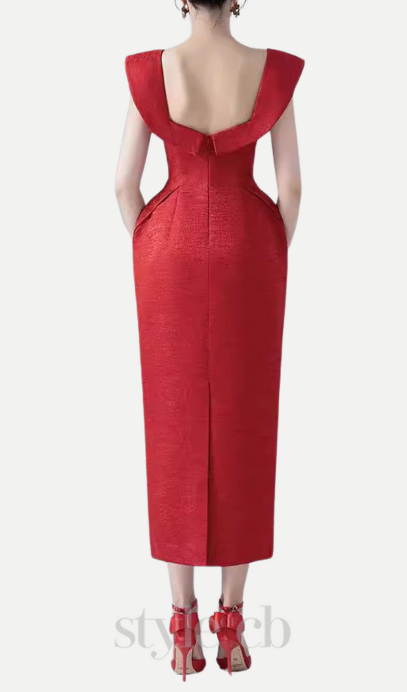 square neckline bow midi dress in red