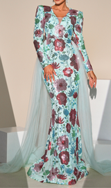 Long Sleeve Floral print Sequin maxi Dress in green