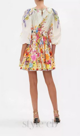 PUFF SLEEVE PRINT SILK MINI DRESS