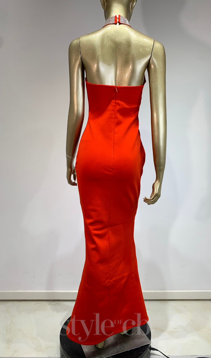 HEDWIG CRYSTAL HALTER SLEEVELESS BODYCON MAXI DRESS IN RED