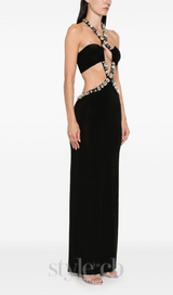 ADELA CRYSTAL EMBELLISHMENT HALTER NECK BLACK MAXI DRESS