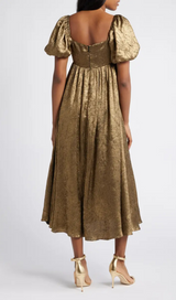 trista square neck puff sleeve midi dress in gold