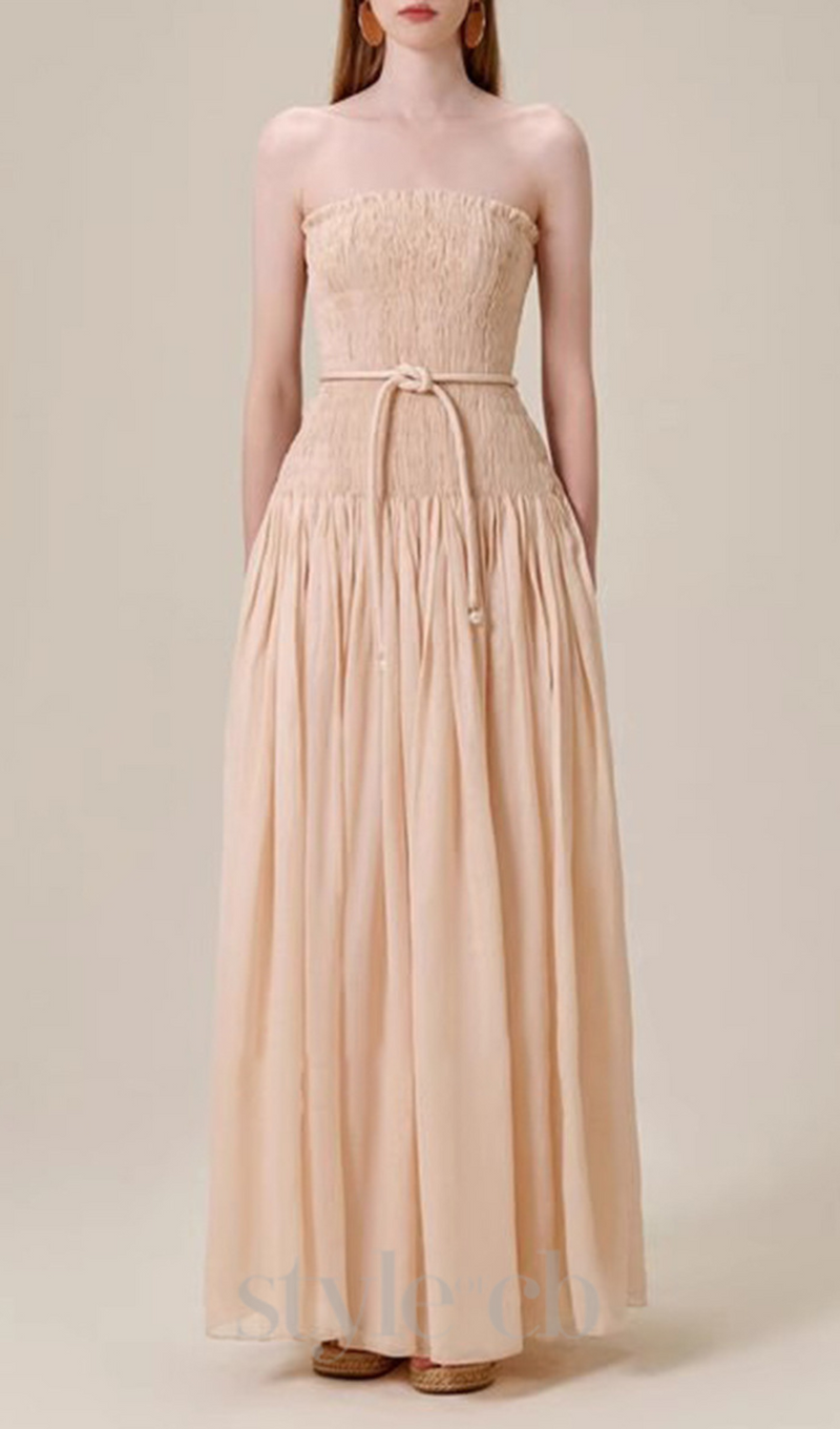 pleated belt chiffon strapless maxi dress in pale pink