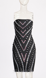 FREDA RHINESTONE PATCHWORK STRAPLESS BODYCON MINI DRESS