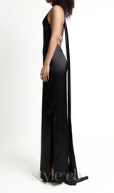 MIGNON SATIN BELT BACKLESS PEARL EMBELLISHED MAXI DRESS IN BLACK