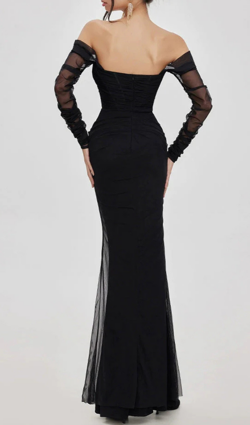 Ariel black Mesh Off-Shoulder Mermaid maxi Dress