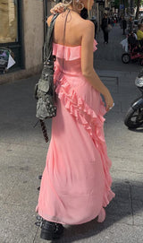 STRAPLESS RUFFLE MAXI DRESS IN PINK