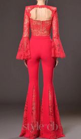 lace-embellished trumpet sleeve jumpsuits in red