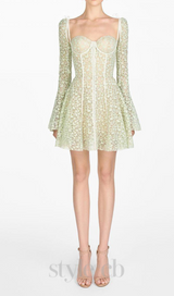 TERESA TRUMPET SLEEVE LACE EMBROIDERY MINI DRESS IN GREEN