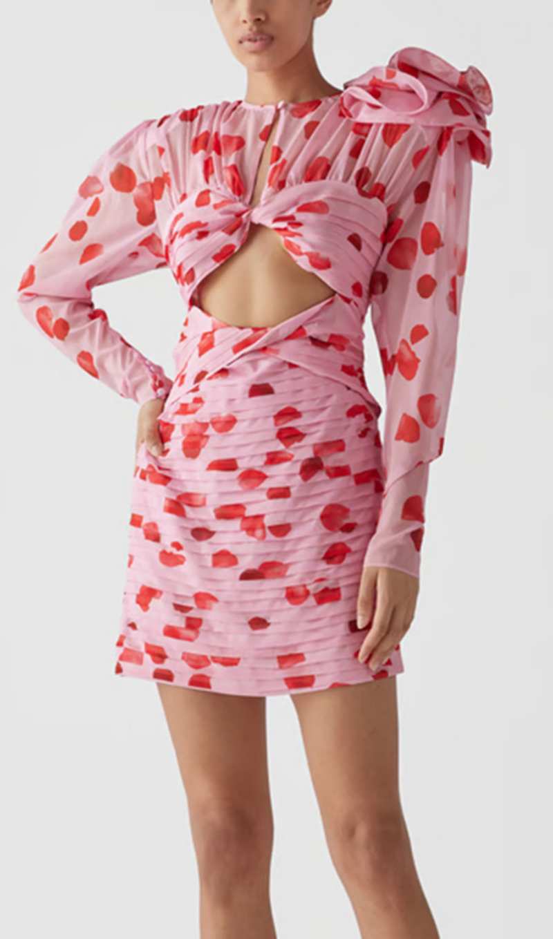 PETAL PRINT CUTOUT MINI DRESS IN PINK