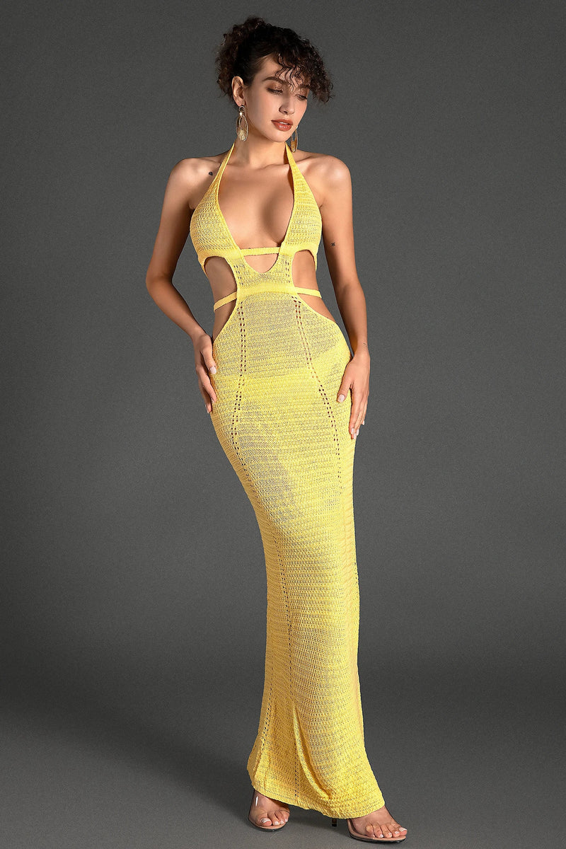 BIRIDI HALTER SHEER KNIT DRESS IN YELLOW