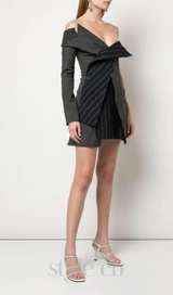 GRACE DECONSTRUCTED PINSTRIPED WOOL-BLEND MINI DRESS IN BLACK