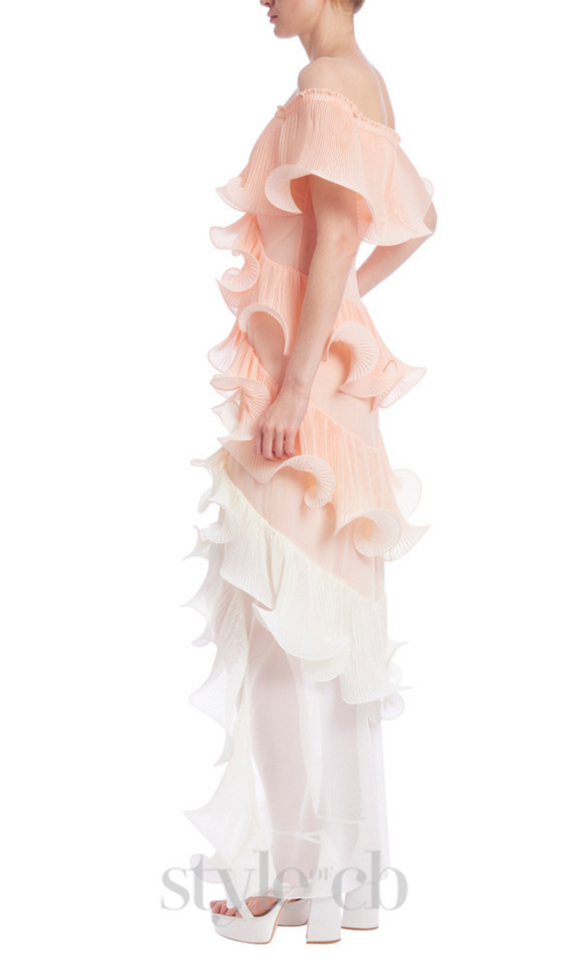 DORA PEACH MULTI OMBRE OFF-SHOULDER PLEATED ORGANZA MAXI DRESS