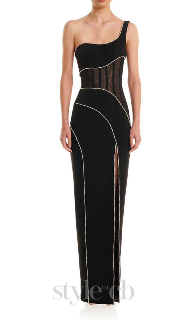 TRACY CRYSTAL STRIPE EMBELLISHED ONE-SHOULDER BLACK MAXI DRESS