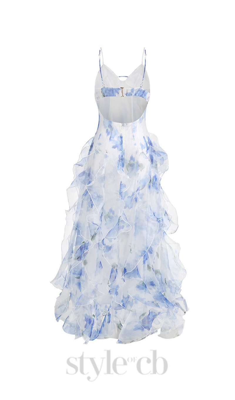 BELINDA BLUE FLORAL VERTICAL RUFFLE TRIM MAXI DRESS