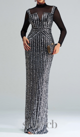 stand collar sequin panel maxi dress in black