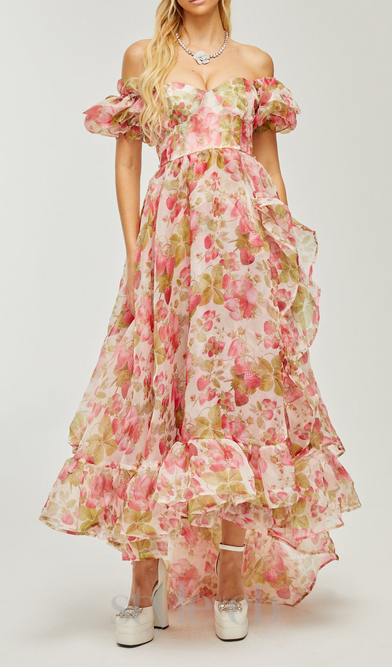 FRUIT-PRINT RUFFLED MAXI DRESS IN PINK