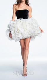 tina white 3d flowers strapless black mini dress