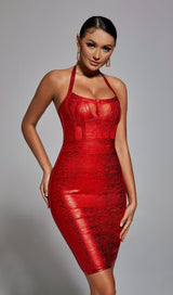 NECK METALLIC BANDAGE DRESS - RED