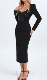 MELISSA LONG SLEEVE PATCHWORK SEQUIN MIDI DRESS IN BLACK