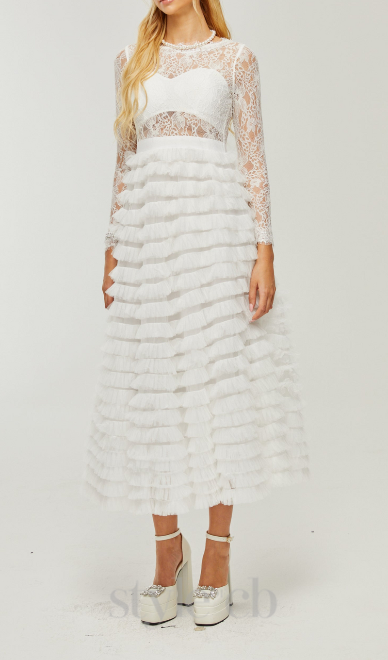 LACE LAYERED HIGH-WAISTED MIDI DRESS IN WHITE