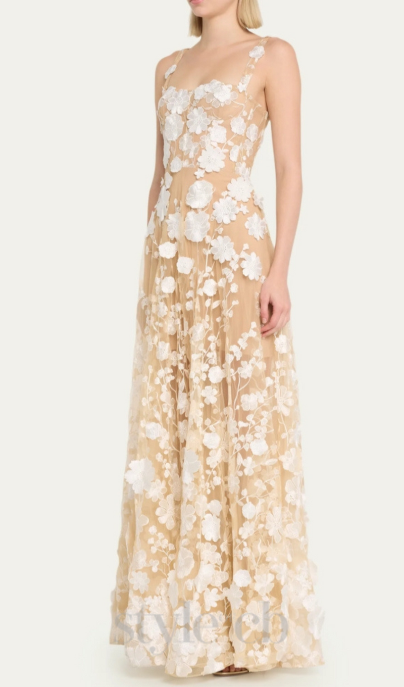 APPHIA FLORAL EMBROIDERED SLEEVELESS TULLE MAXI DRESS