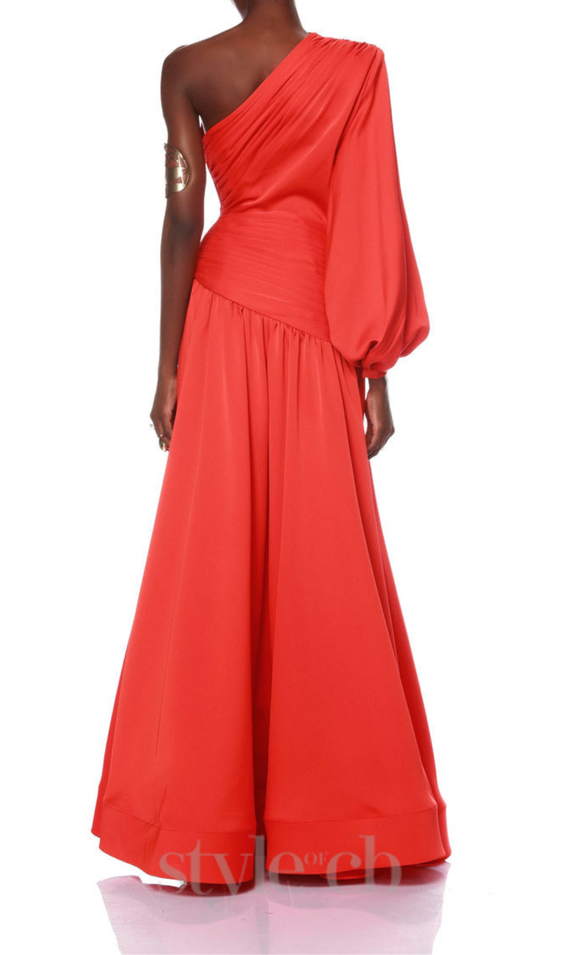 MEGAN RED SATIN PLEAT ONE SHOULDER LONG SLEEVE MAXI DRESS styleofcb