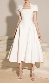 MYRNA SQUARE NECKLINE A-LINE MIDI DRESS IN WHITE