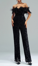 off-shoulder sequin jumpsuit in black