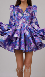 ARABELA BLUE FLORAL SATIN RUFFLE MINI DRESS