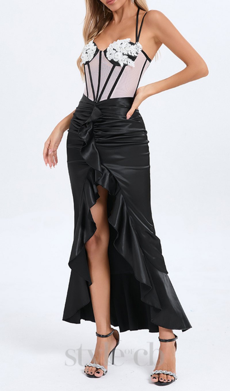 BEULAH BLACK SATIN CORSET SEQUIN WING CUP DRESS